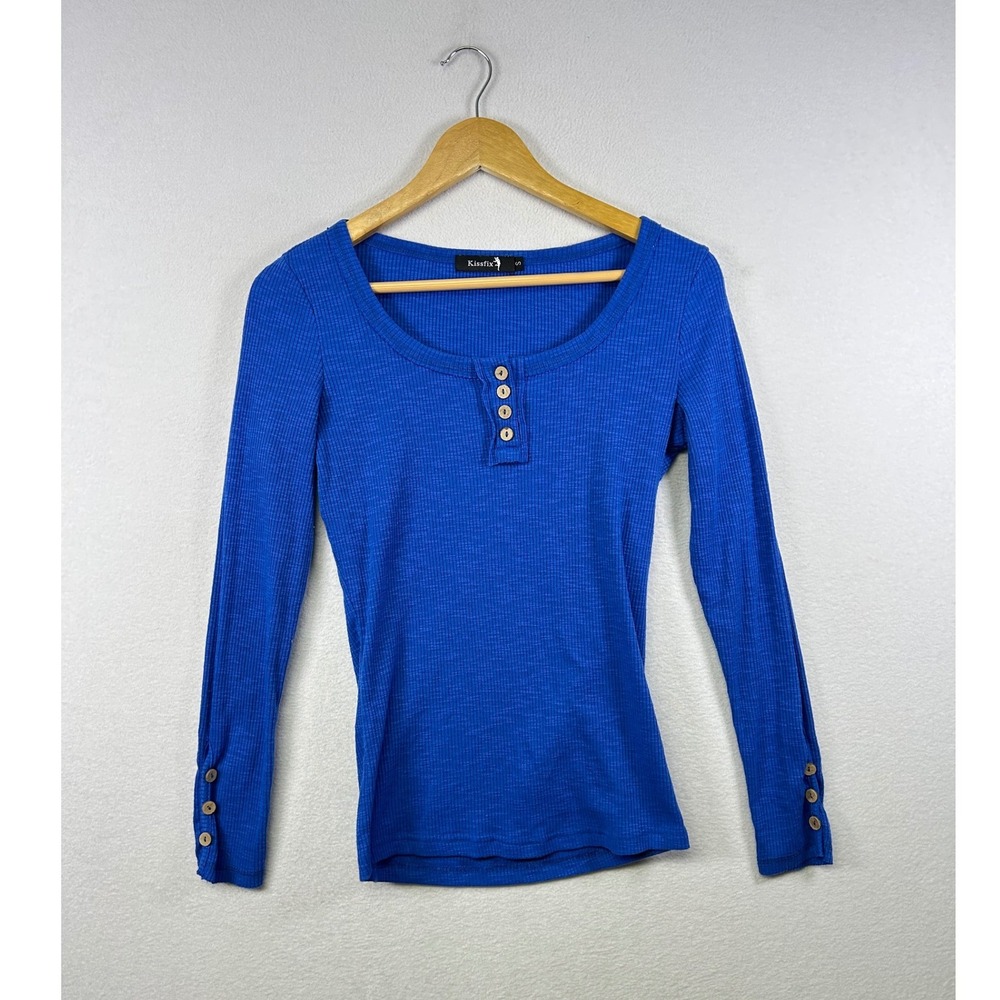 Kissfixx Royal Blue Ribbed Henley Long Sleeve Button Detail Top Womens Small